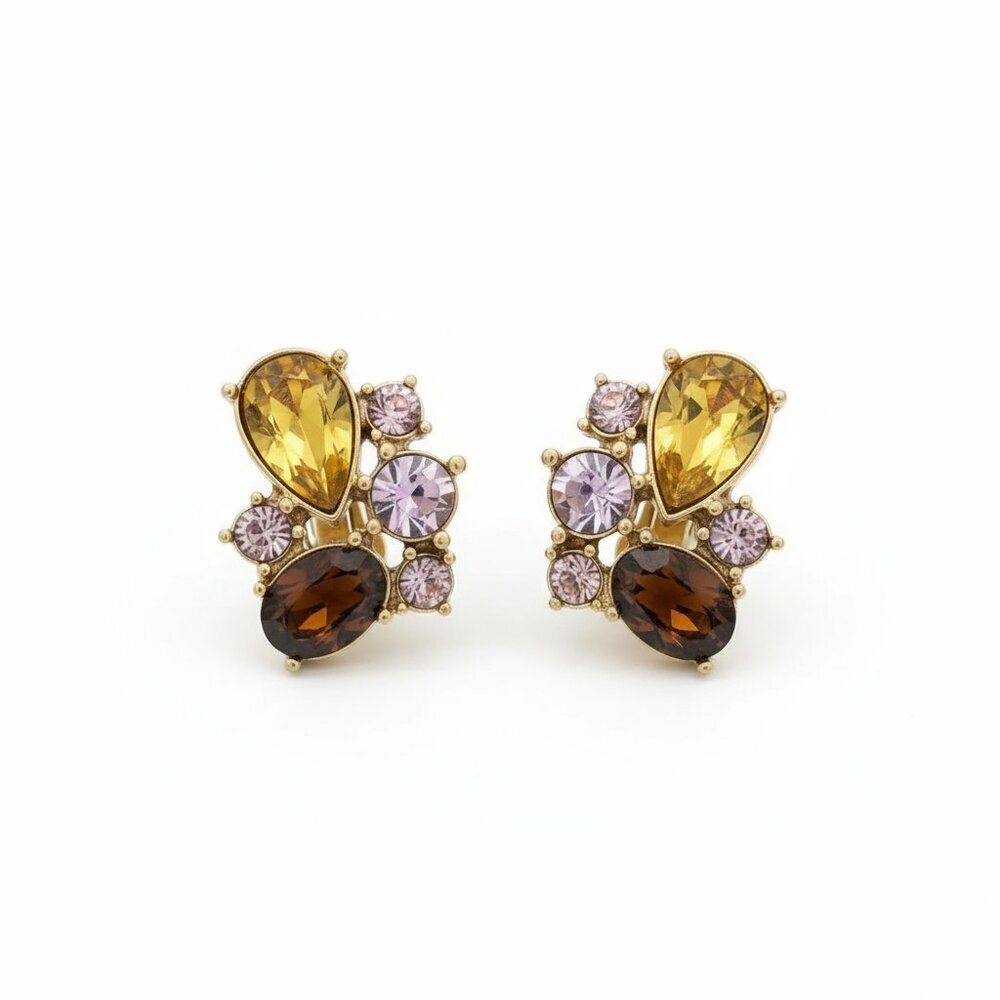 💛 Vintage Monet Clip-On Cluster Earrings - Autumn Jewels Gold Tone